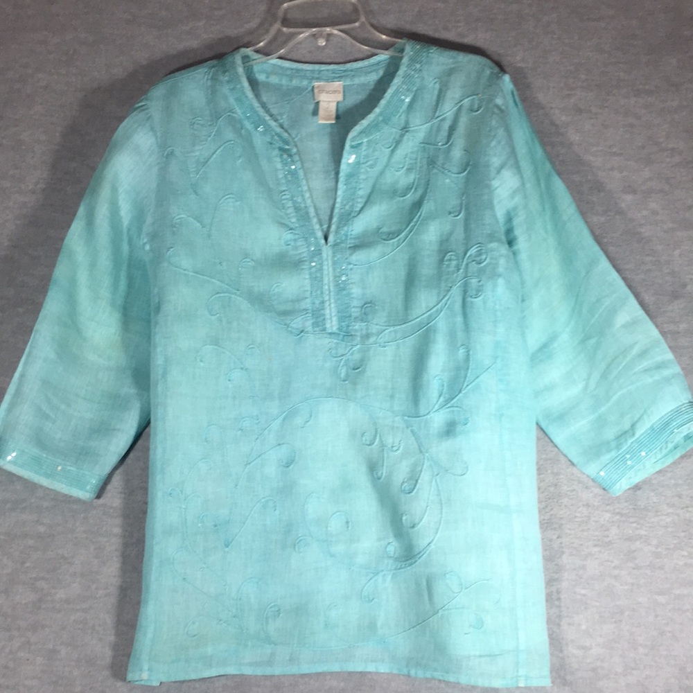 CHICO’S Boho Festival Medieval Embroidered Linen Teal Tunic with Tiny Sequins